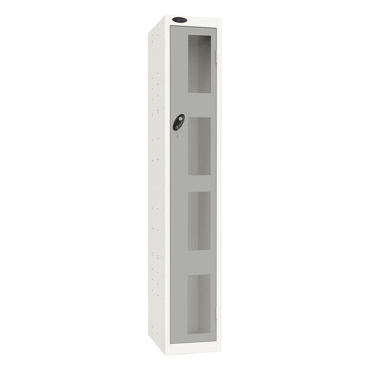 Probe Vision Panel Metric Locker — 1 Door, Flat Top, 300mm — White Carcass / Silver Doors