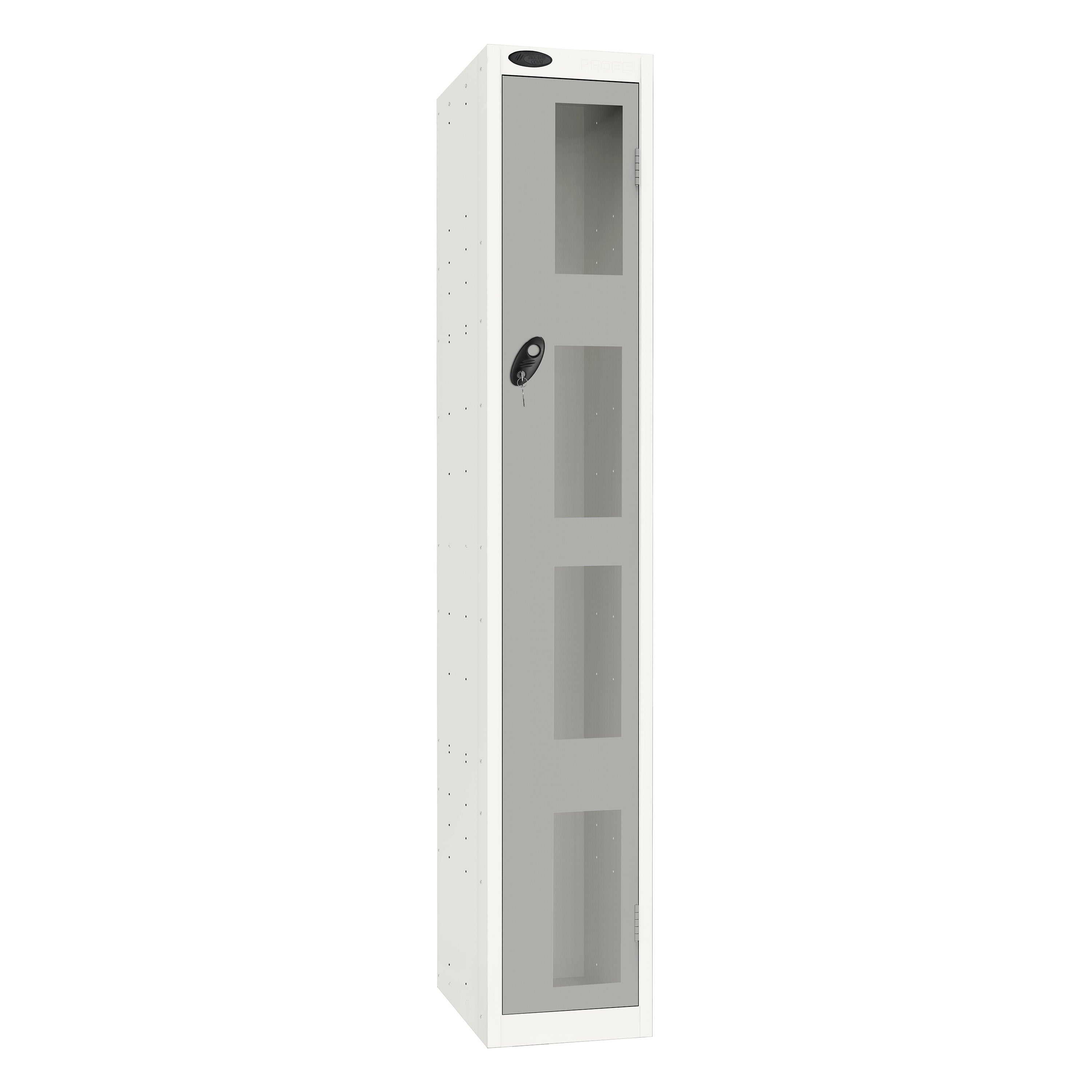 Probe Vision Panel Metric Locker — 1 Door, Flat Top, 300mm — White Carcass / Silver Doors