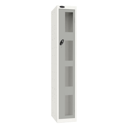 Probe Vision Panel Metric Locker — 1 Door, Flat Top, 300mm — White Carcass / Silver Doors