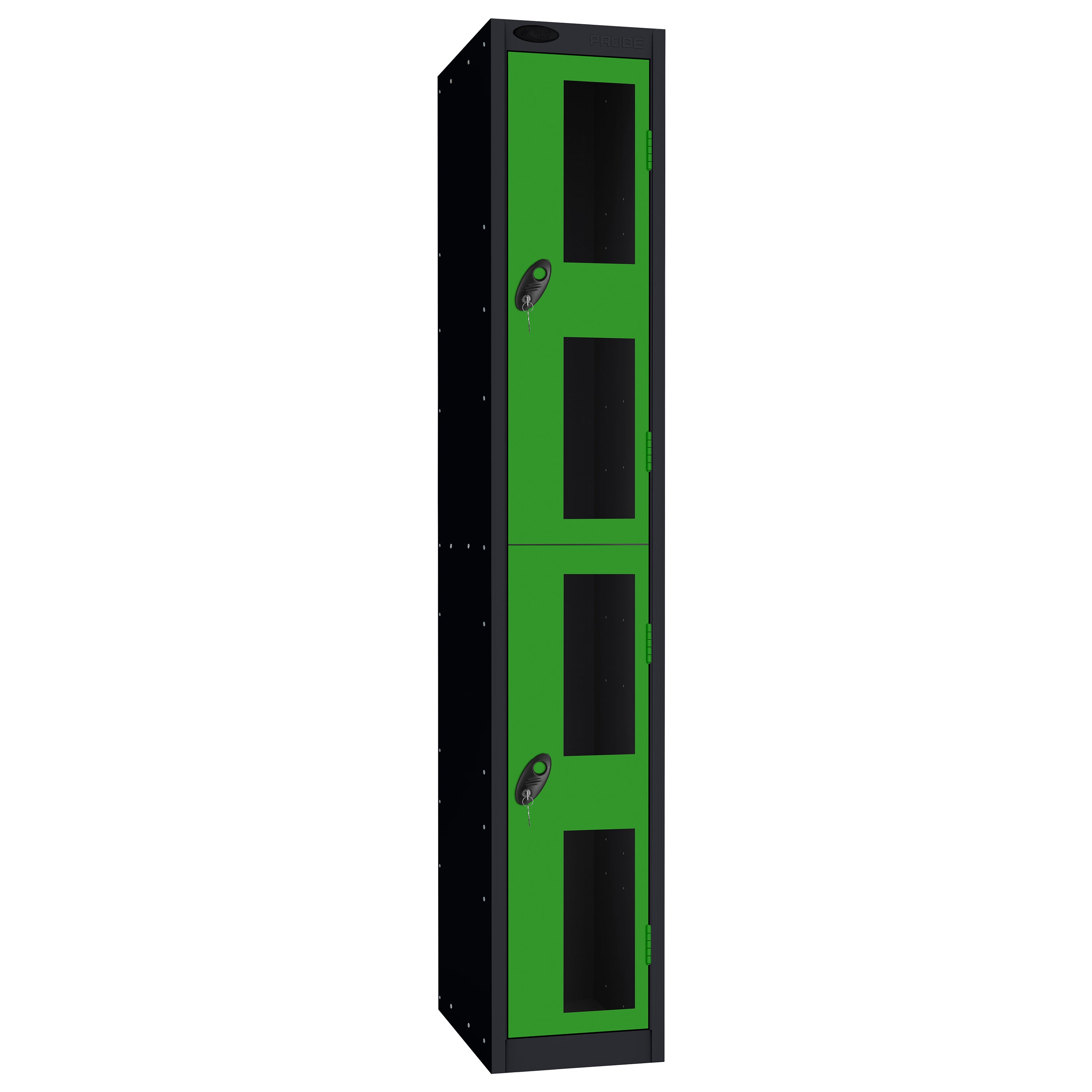 Probe Vision Panel Metric Locker — 2 Door, Flat Top, 300mm — Black Carcass / Green Doors