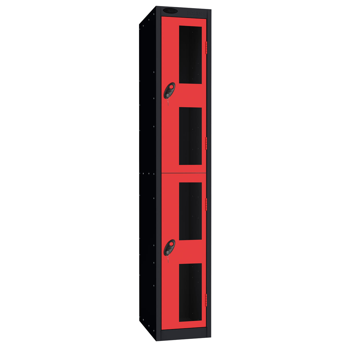 Probe Vision Panel Metric Locker — 2 Door, Flat Top, 300mm — Black Carcass / Red Doors