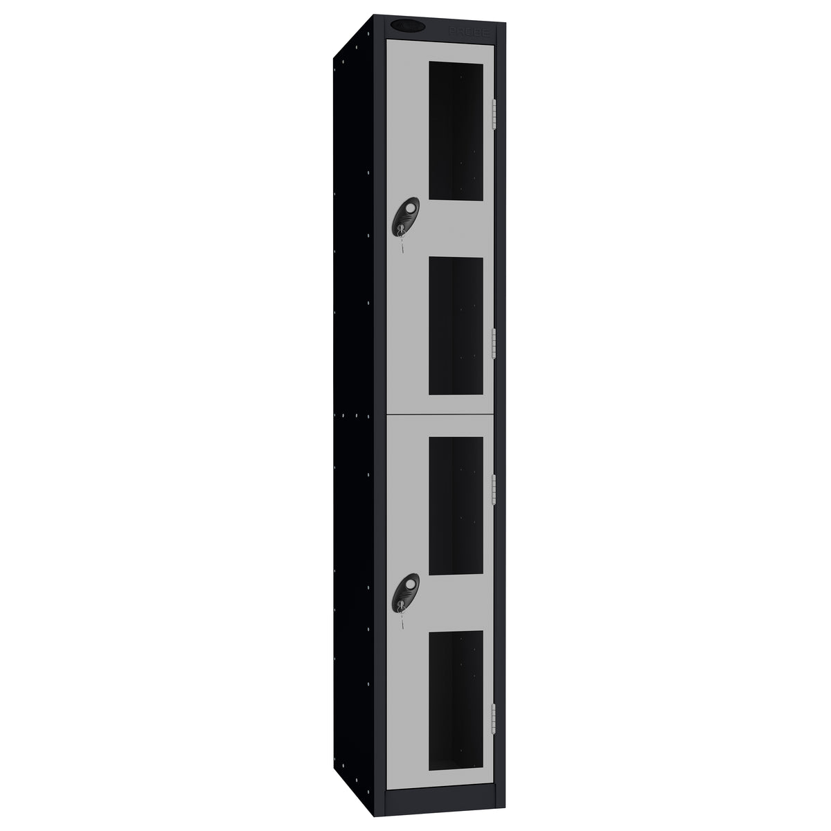 Probe Vision Panel Metric Locker — 2 Door, Flat Top, 300mm — Black Carcass / Silver Doors