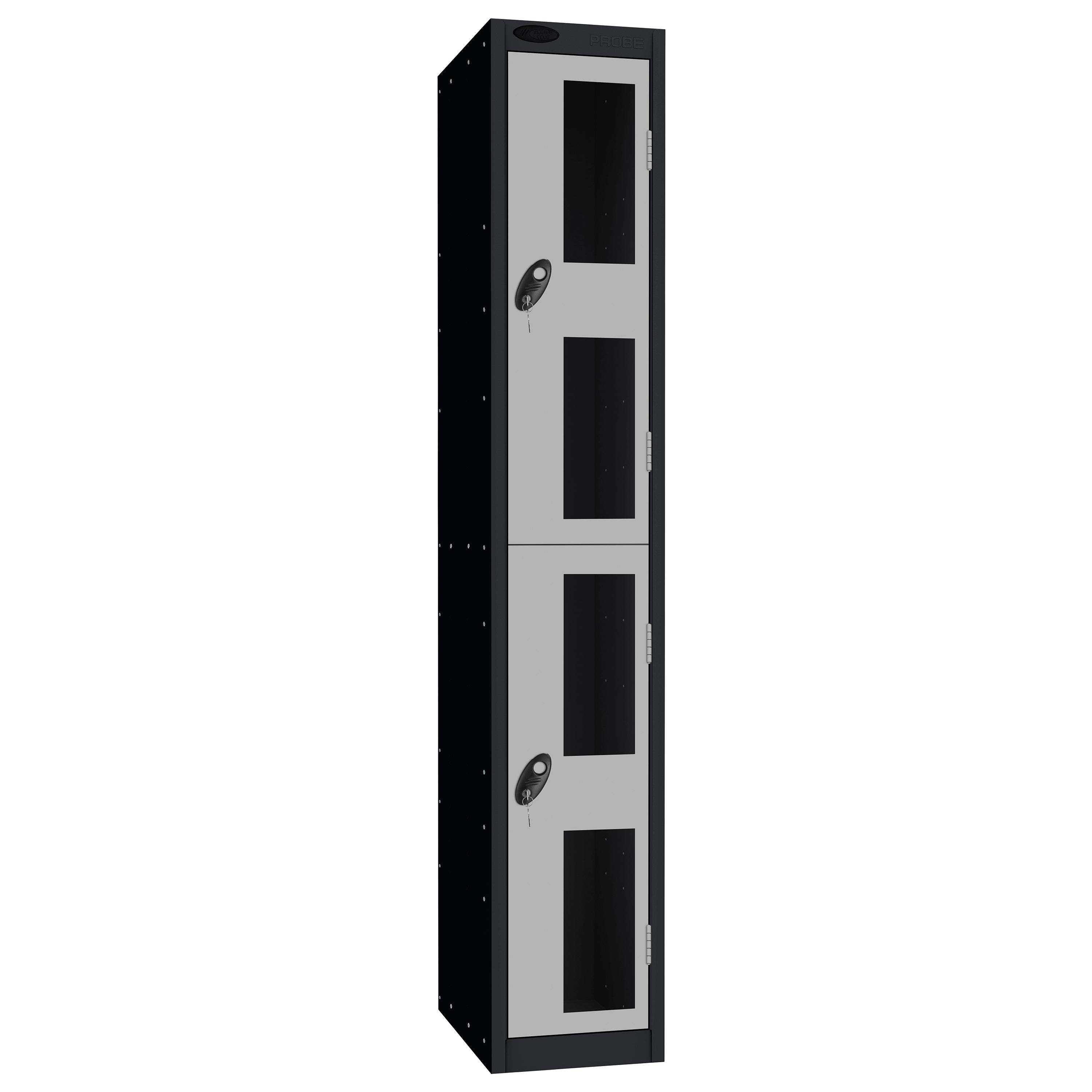Probe Vision Panel Metric Locker — 2 Door, Flat Top, 300mm — Black Carcass / Silver Doors