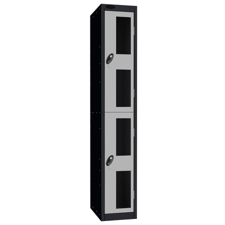 Probe Vision Panel Metric Locker — 2 Door, Flat Top, 300mm — Black Carcass / Silver Doors