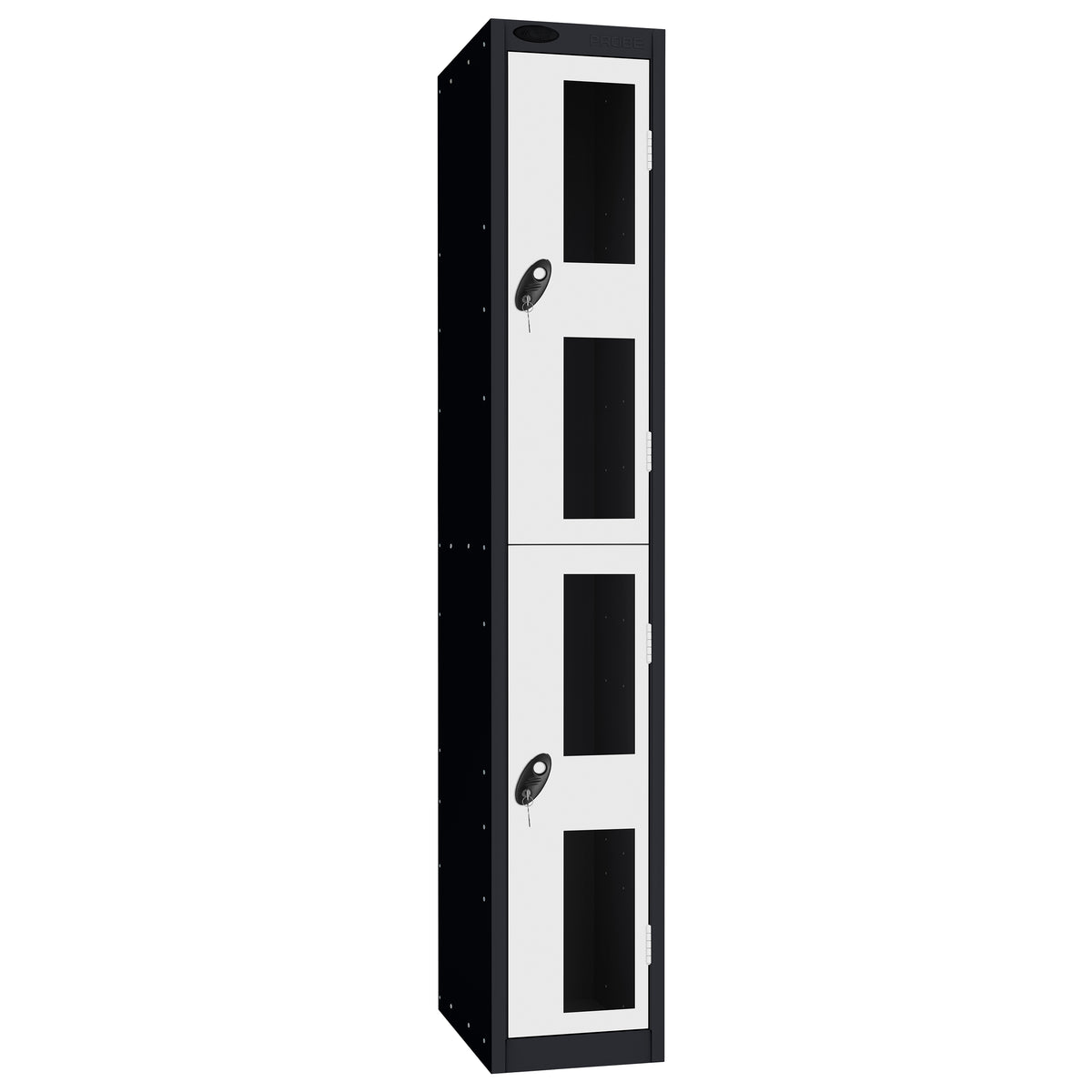 Probe Vision Panel Metric Locker — 2 Door, Flat Top, 300mm — Black Carcass / White Doors