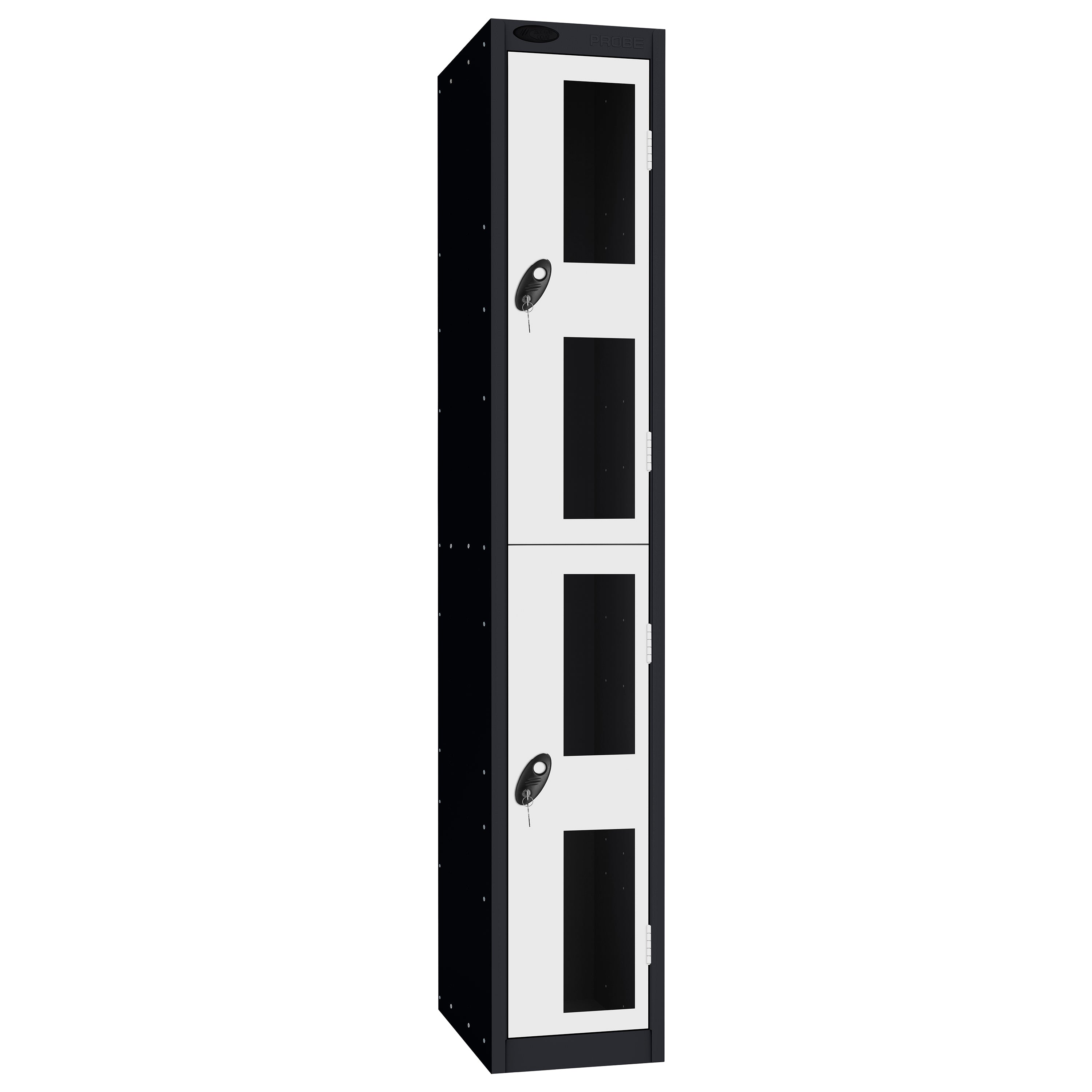 Probe Vision Panel Metric Locker — 2 Door, Flat Top, 300mm — Black Carcass / White Doors