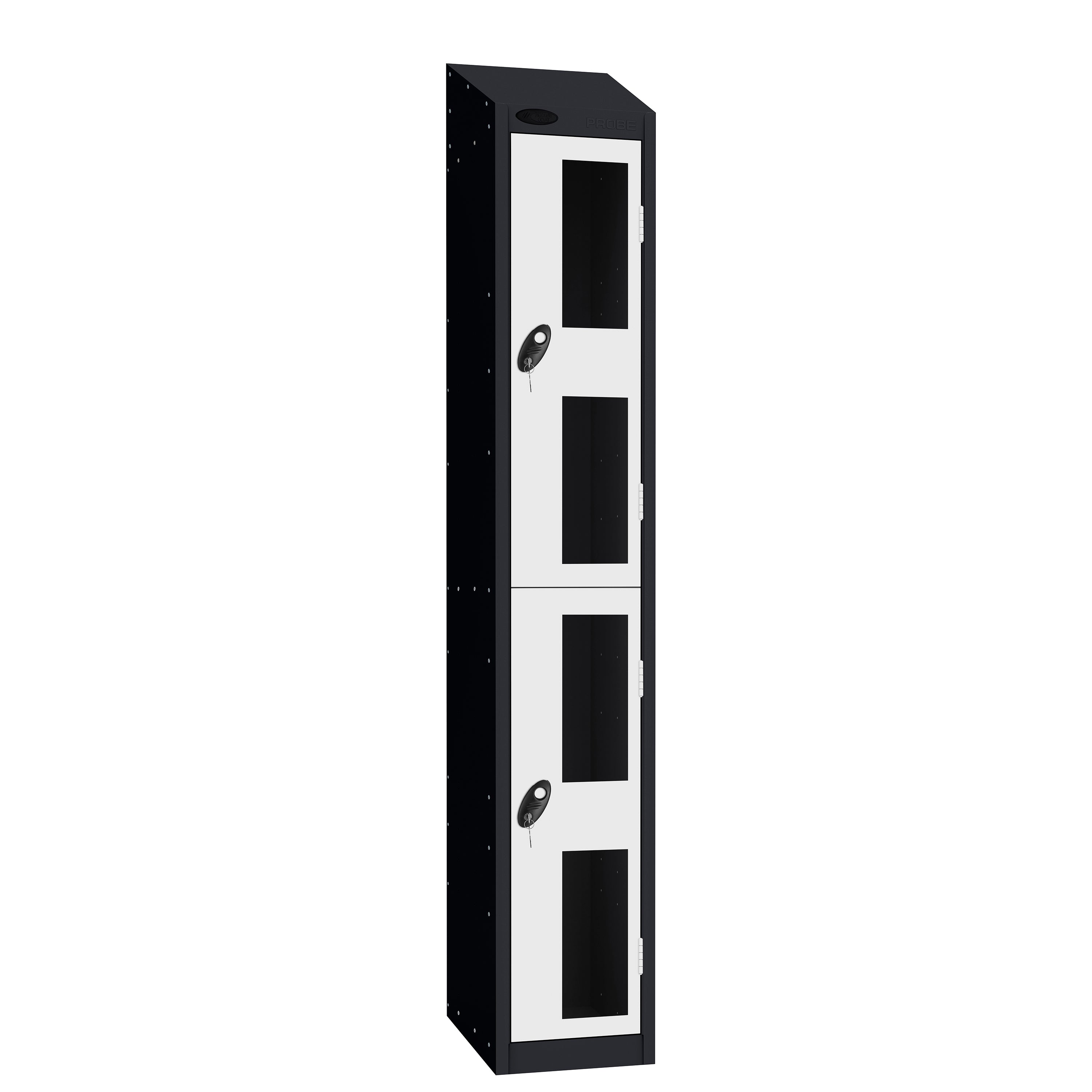 Probe Vision Panel Metric Locker — 2 Door, Sloping Top, 300mm — Black Carcass / White Doors