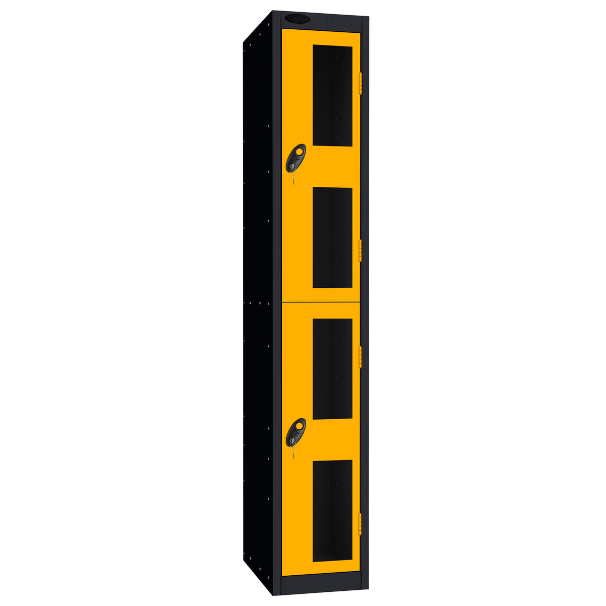 Probe Vision Panel Metric Locker — 2 Door, Flat Top, 300mm — Black Carcass / Yellow Doors