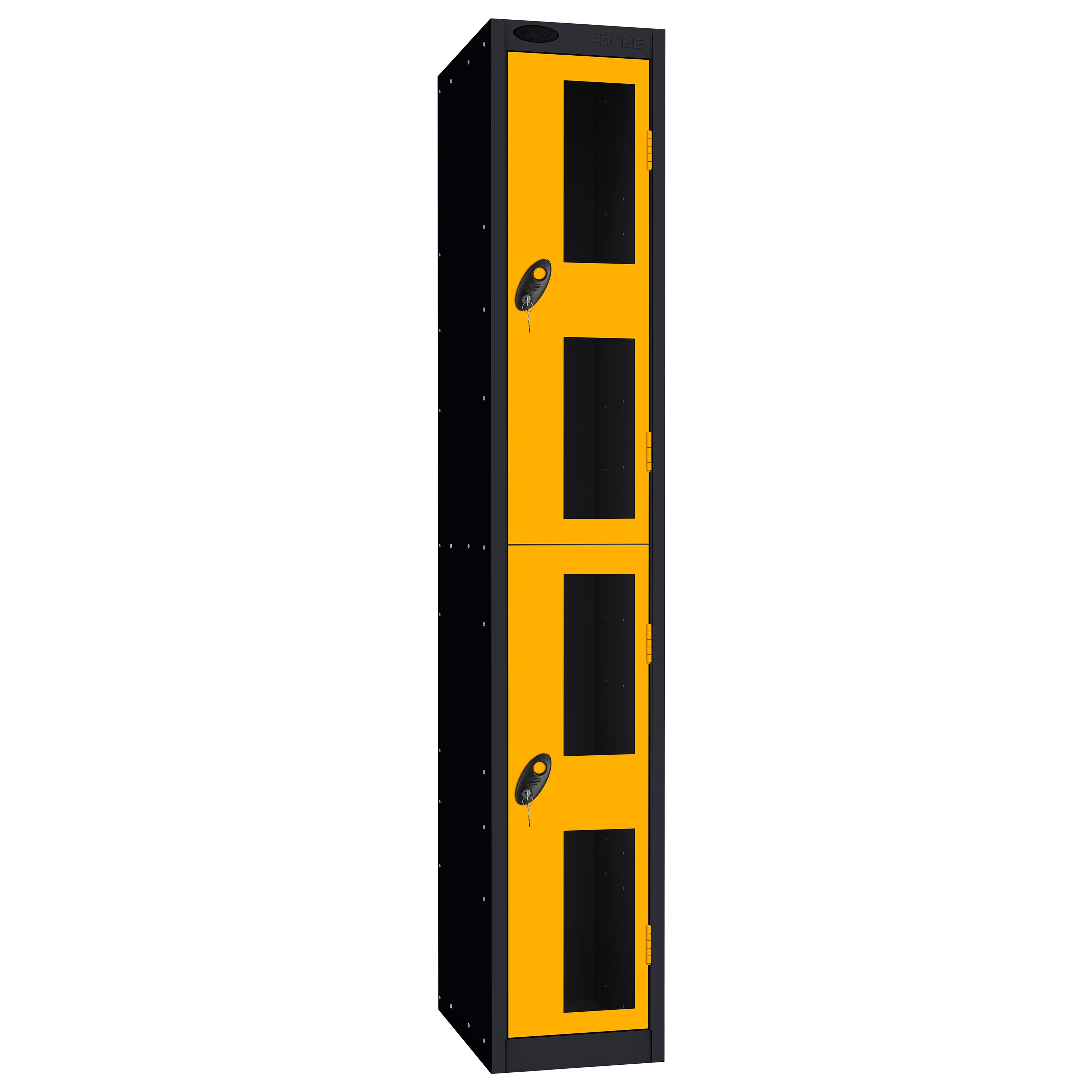 Probe Vision Panel Metric Locker — 2 Door, Flat Top, 300mm — Black Carcass / Yellow Doors