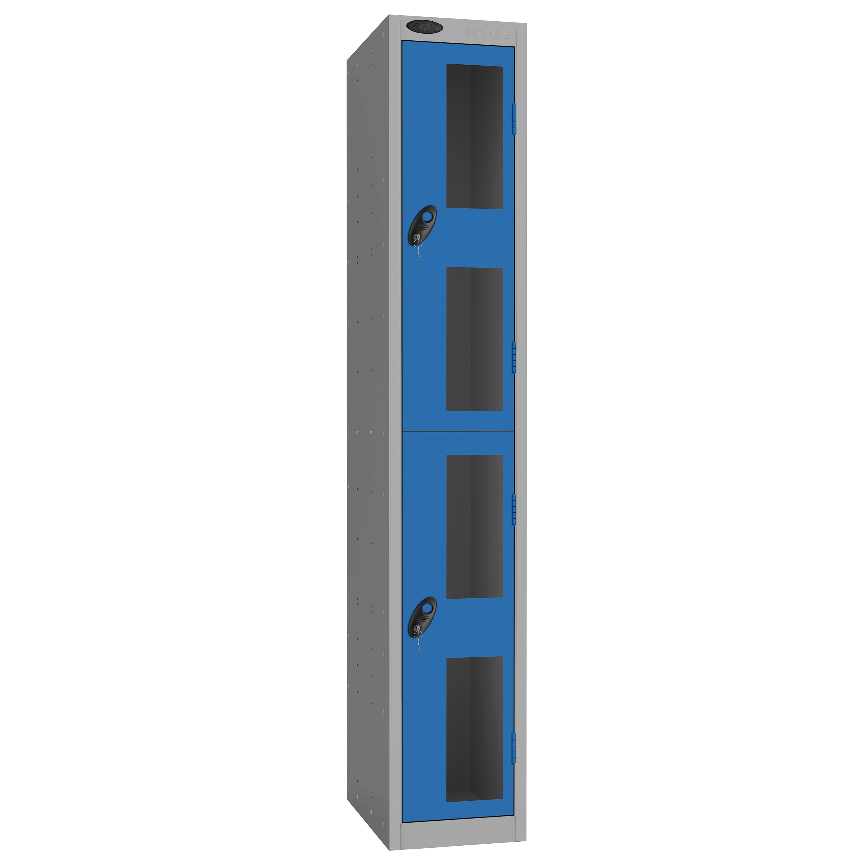 Probe Vision Panel Metric Locker — 2 Door, Flat Top, 300mm — Silver Carcass / Blue Doors