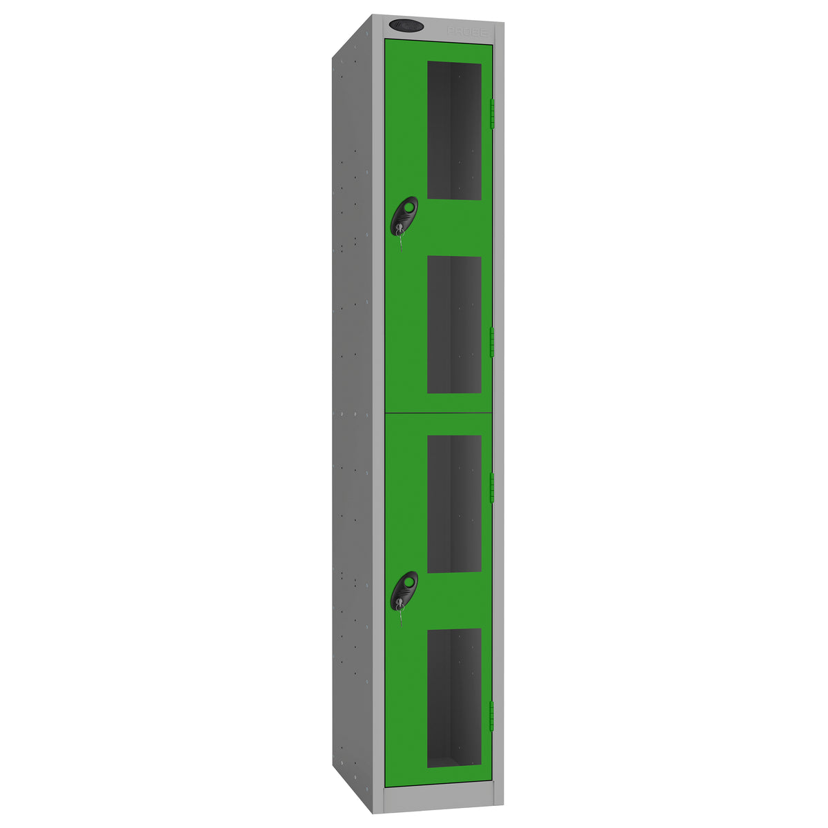 Probe Vision Panel Metric Locker — 2 Door, Flat Top, 300mm — Silver Carcass / Green Doors