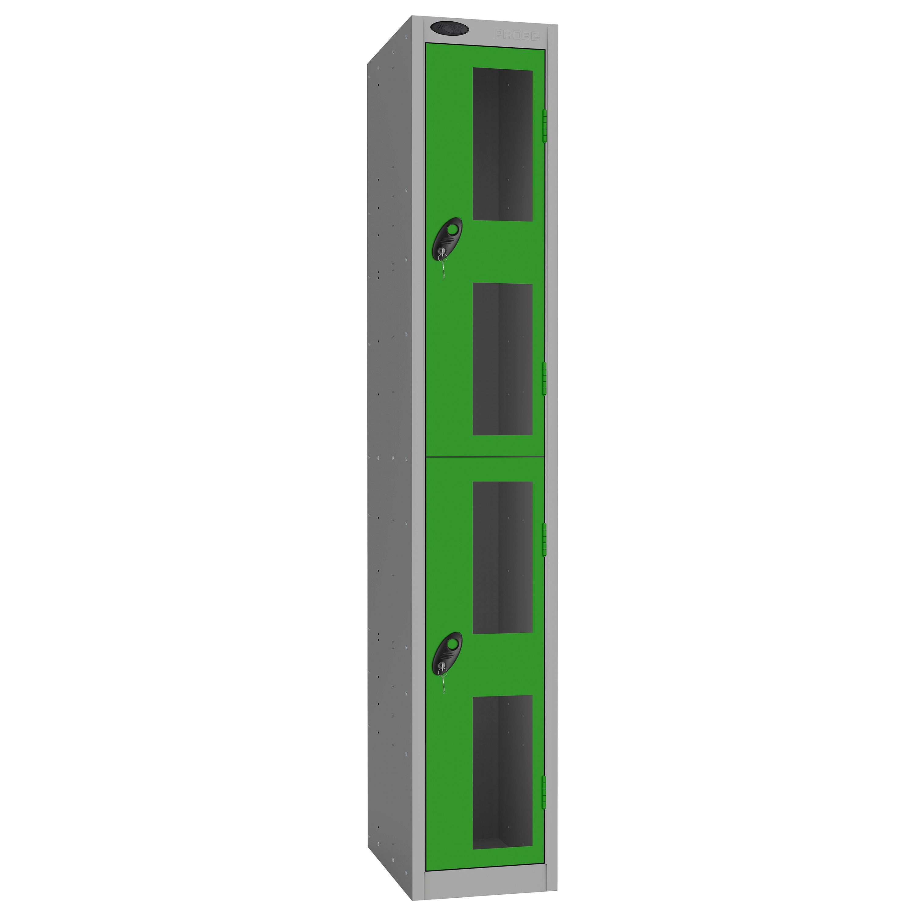 Probe Vision Panel Metric Locker — 2 Door, Flat Top, 300mm — Silver Carcass / Green Doors