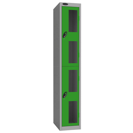 Probe Vision Panel Metric Locker — 2 Door, Flat Top, 300mm — Silver Carcass / Green Doors