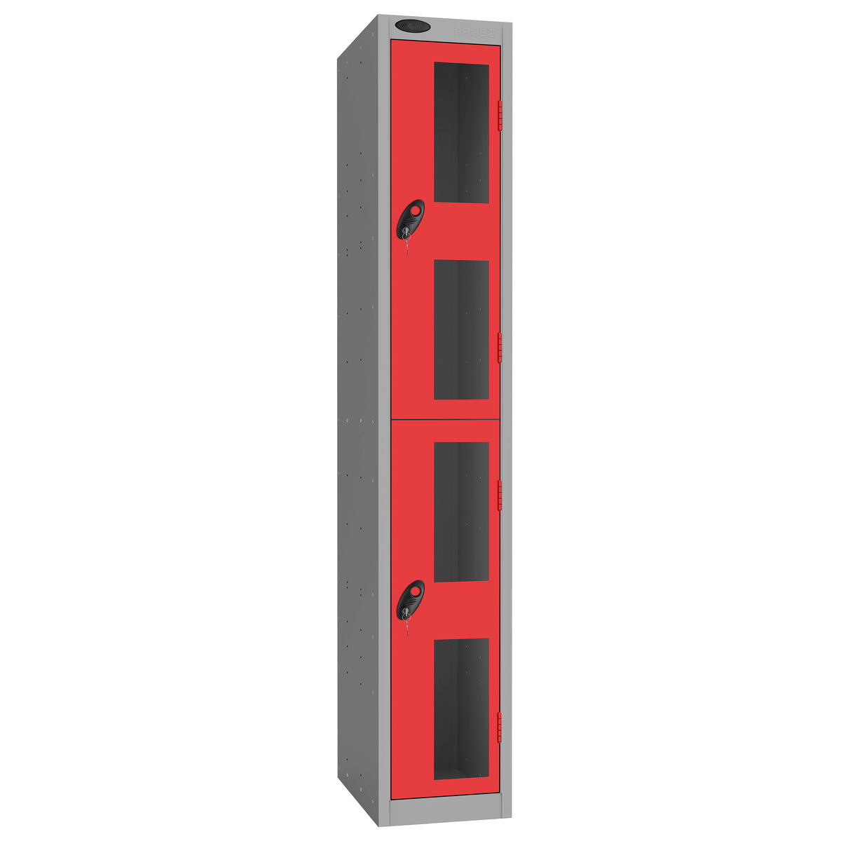 Probe Vision Panel Metric Locker — 2 Door, Flat Top, 300mm — Silver Carcass / Red Doors
