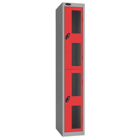 Probe Vision Panel Metric Locker — 2 Door, Flat Top, 300mm — Silver Carcass / Red Doors
