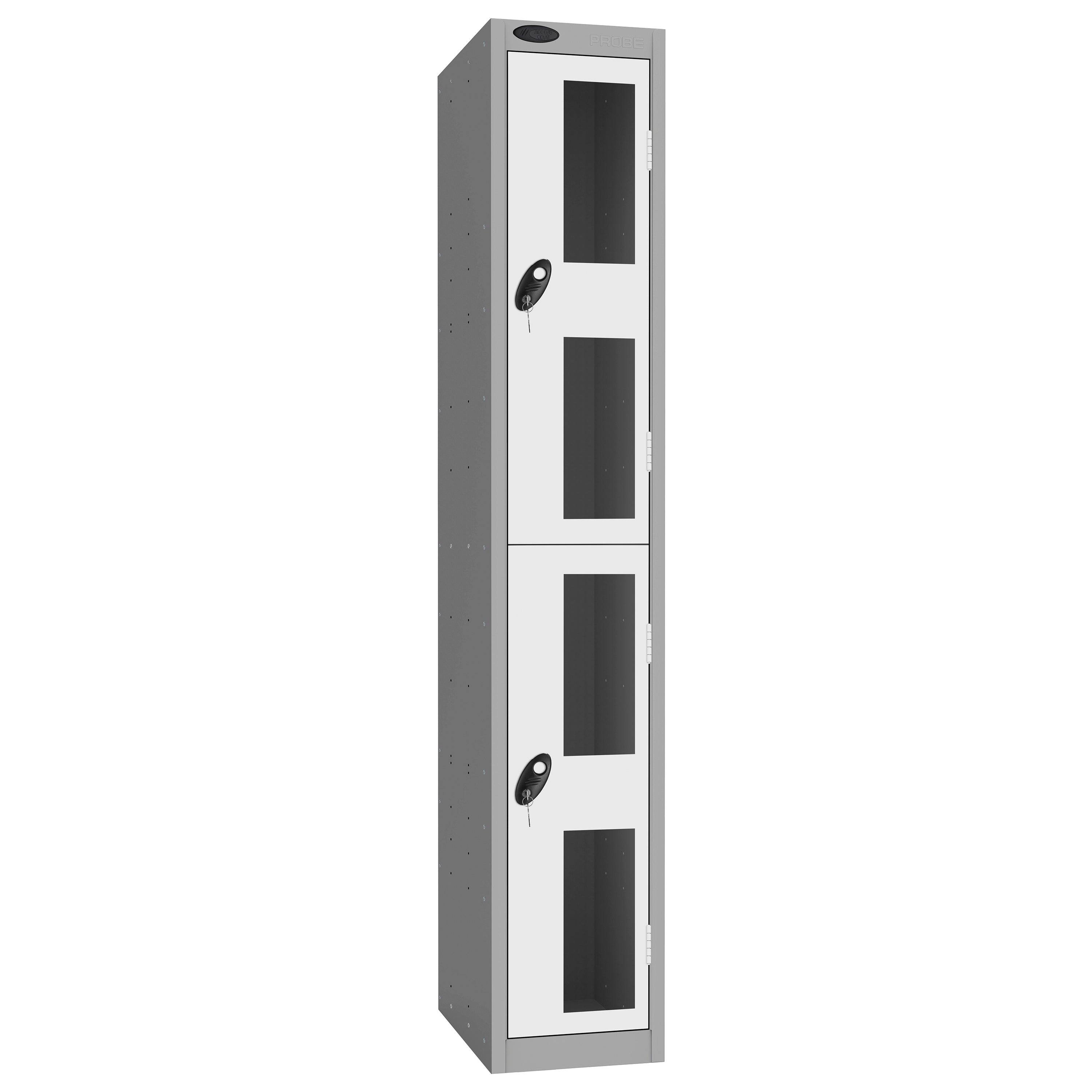 Probe Vision Panel Metric Locker — 2 Door, Flat Top, 300mm — Silver Carcass / White Doors