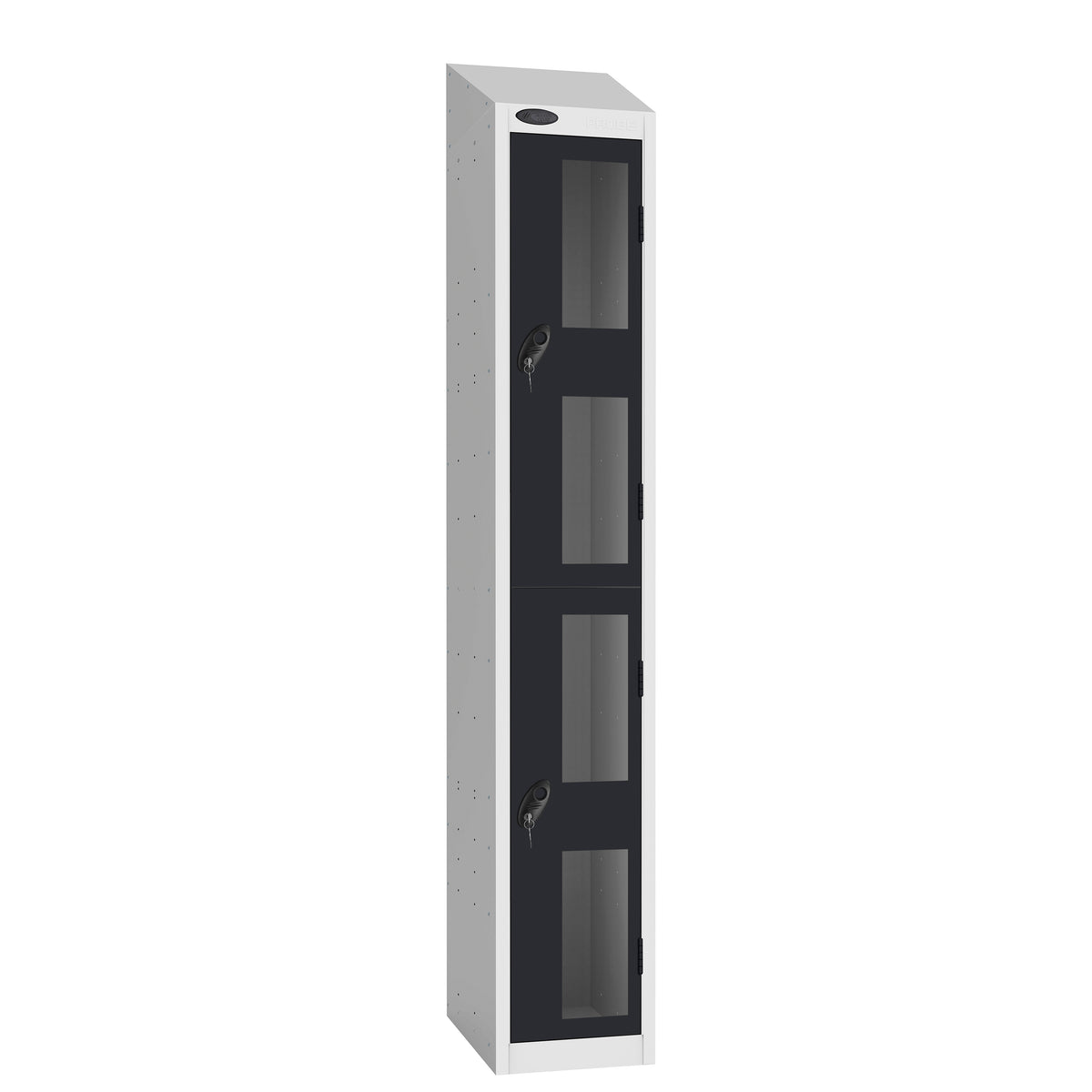 Probe Vision Panel Metric Locker — 2 Door, Sloping Top, 300mm — White Carcass / Black Doors