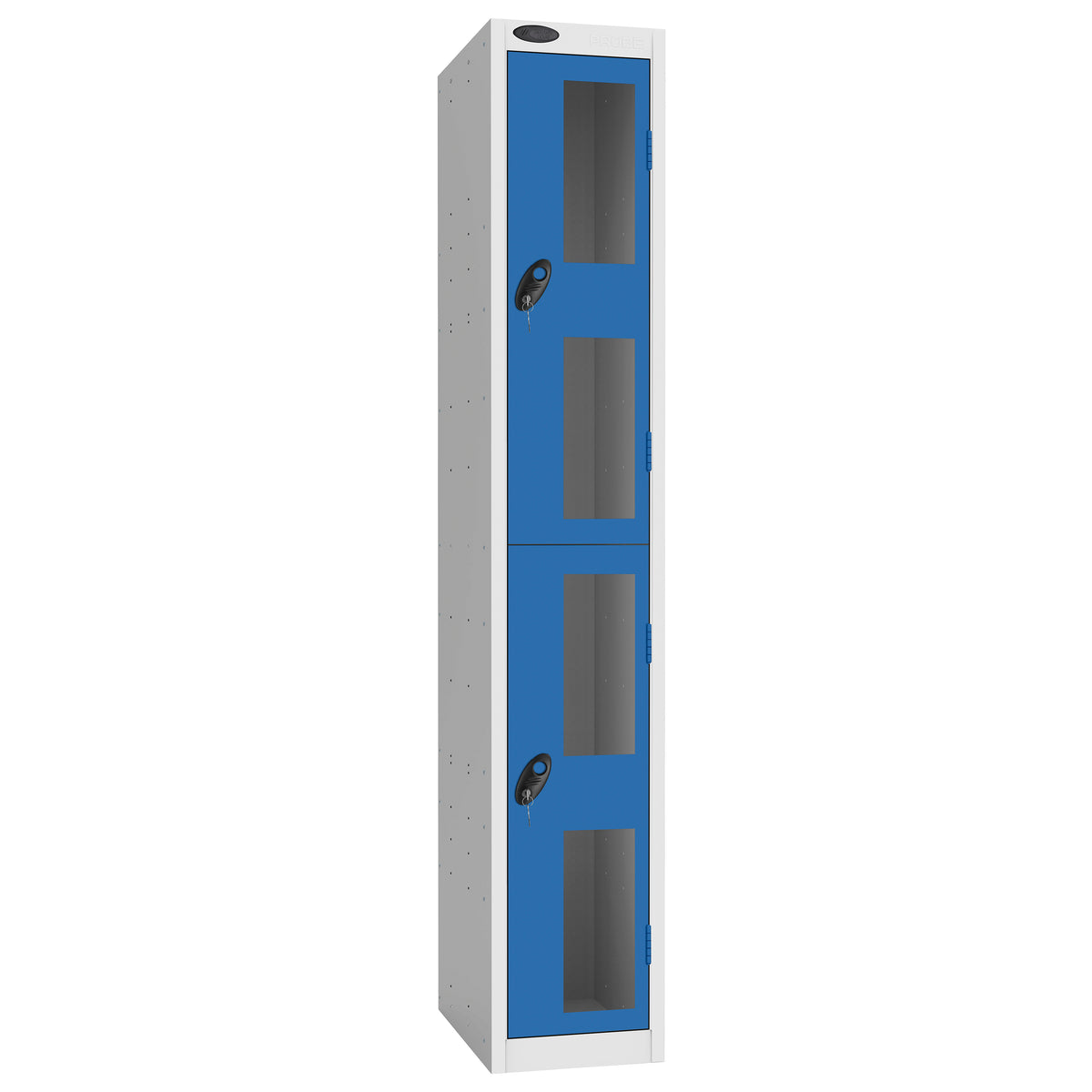 Probe Vision Panel Metric Locker — 2 Door, Flat Top, 300mm — White Carcass / Blue Doors