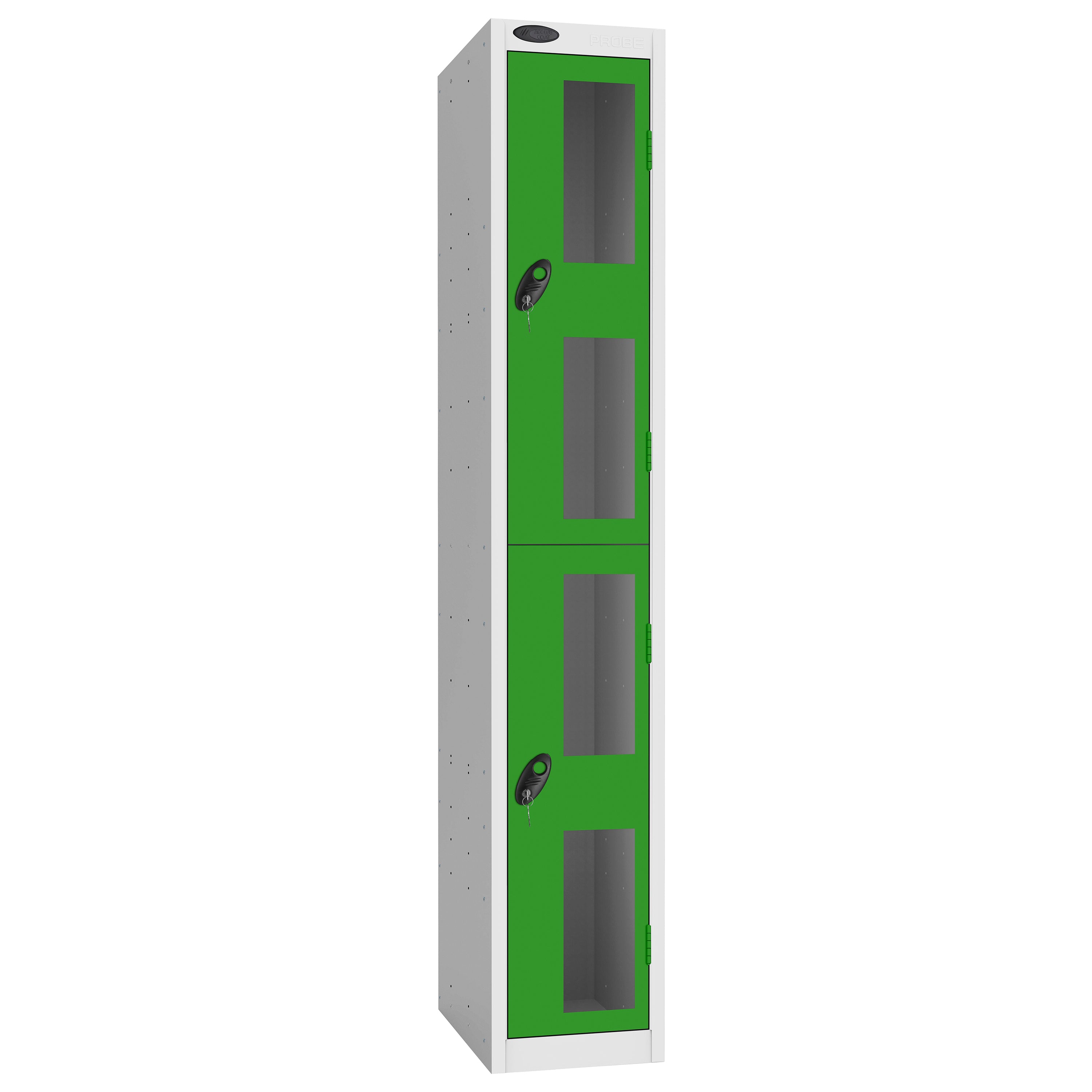 Probe Vision Panel Metric Locker — 2 Door, Flat Top, 300mm — White Carcass / Green Doors
