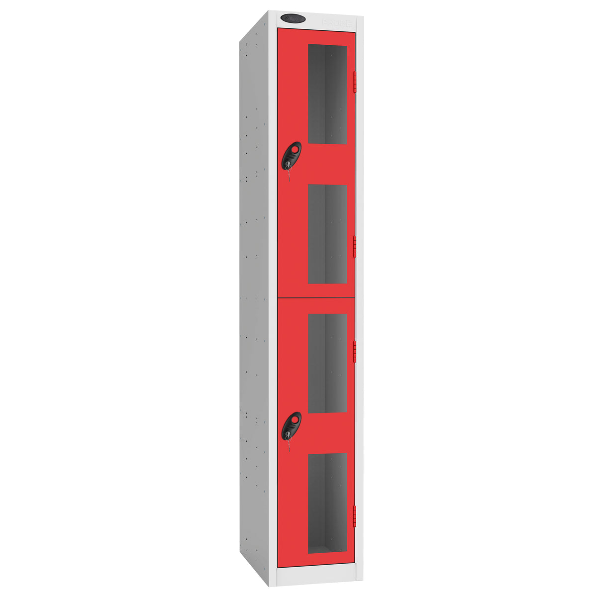 Probe Vision Panel Metric Locker — 2 Door, Flat Top, 300mm — White Carcass / Red Doors