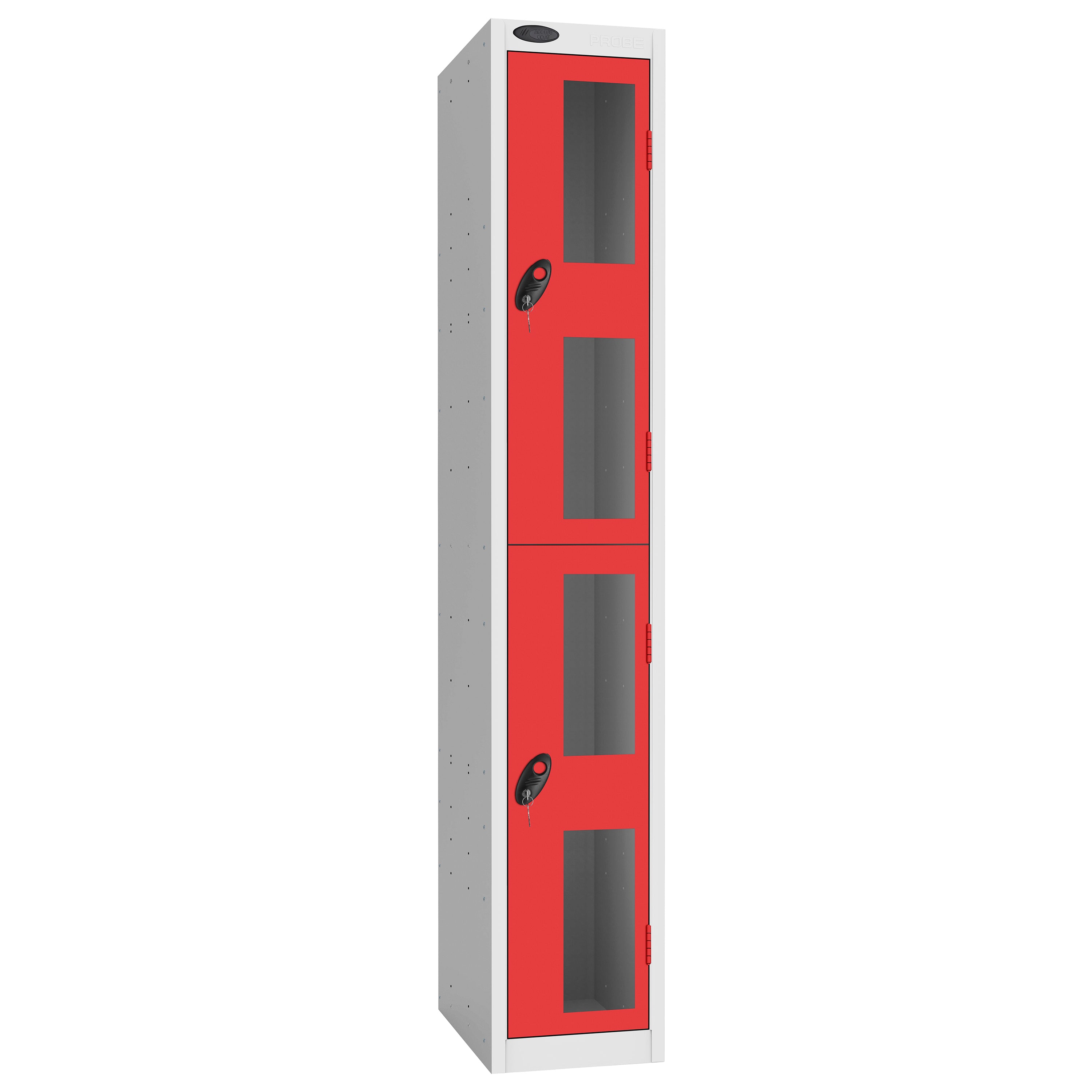 Probe Vision Panel Metric Locker — 2 Door, Flat Top, 300mm — White Carcass / Red Doors
