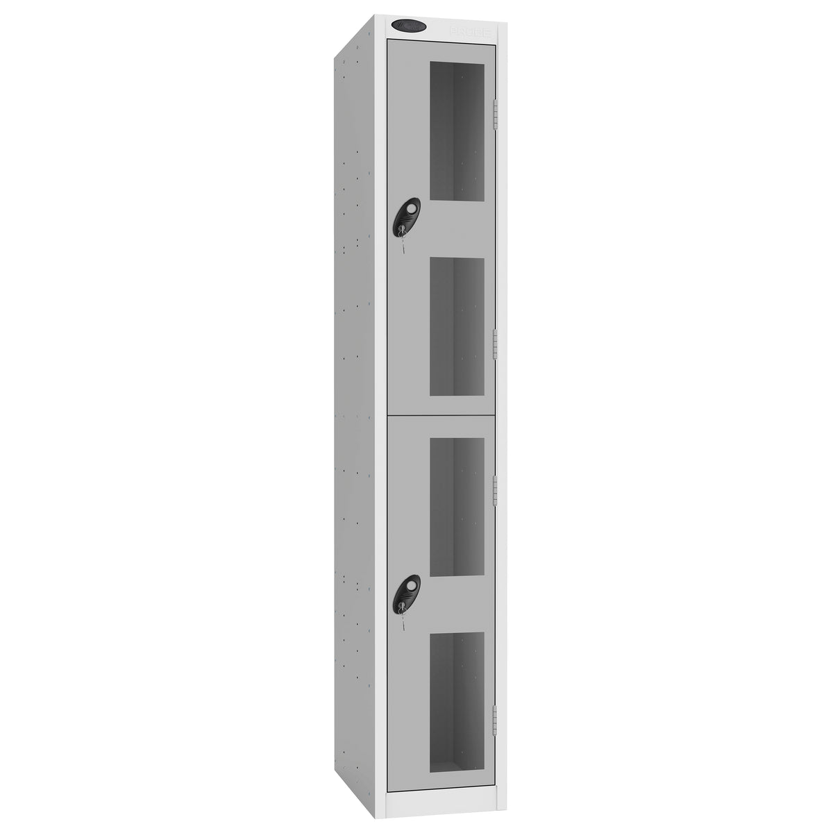 Probe Vision Panel Metric Locker — 2 Door, Flat Top, 300mm — White Carcass / Silver Doors