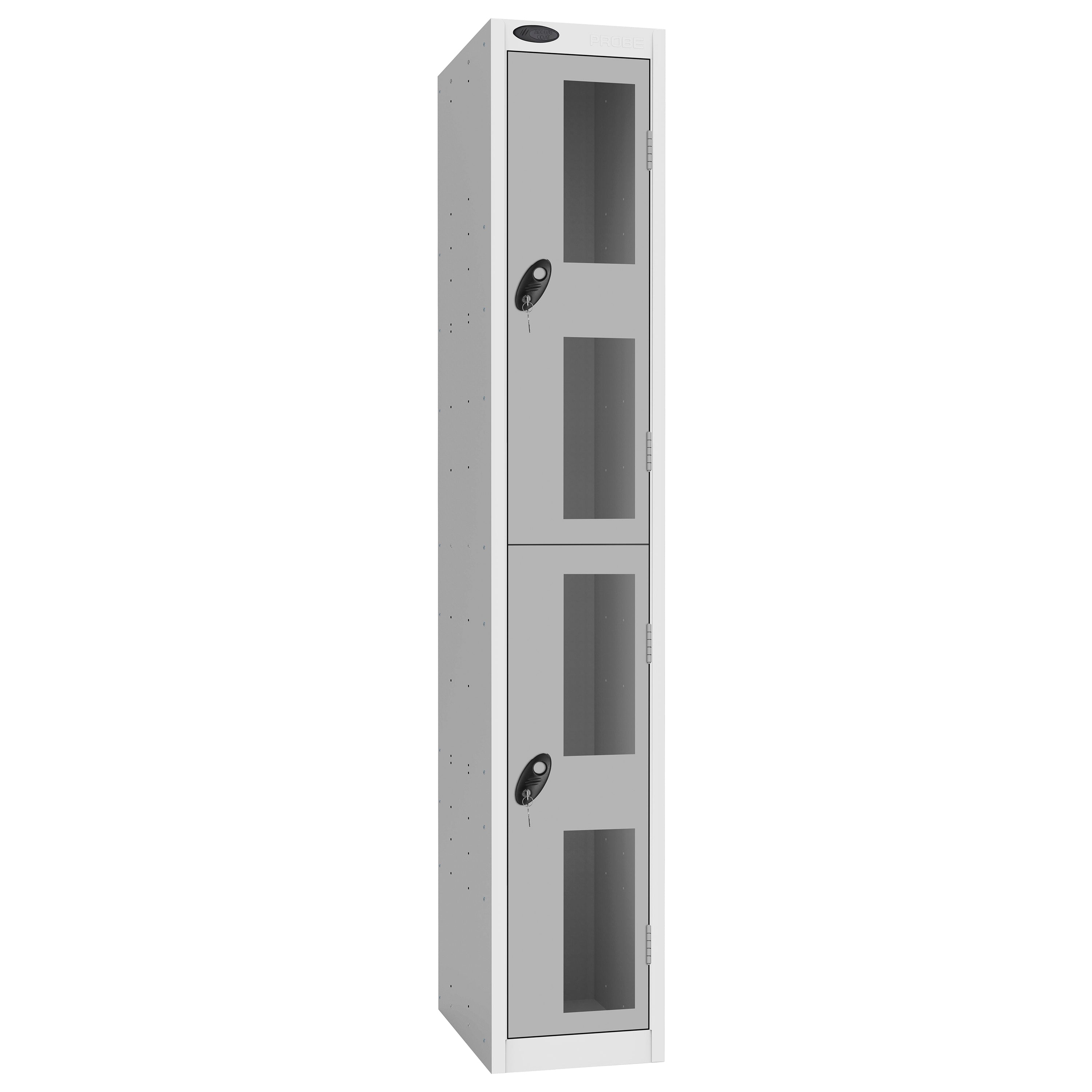 Probe Vision Panel Metric Locker — 2 Door, Flat Top, 300mm — White Carcass / Silver Doors