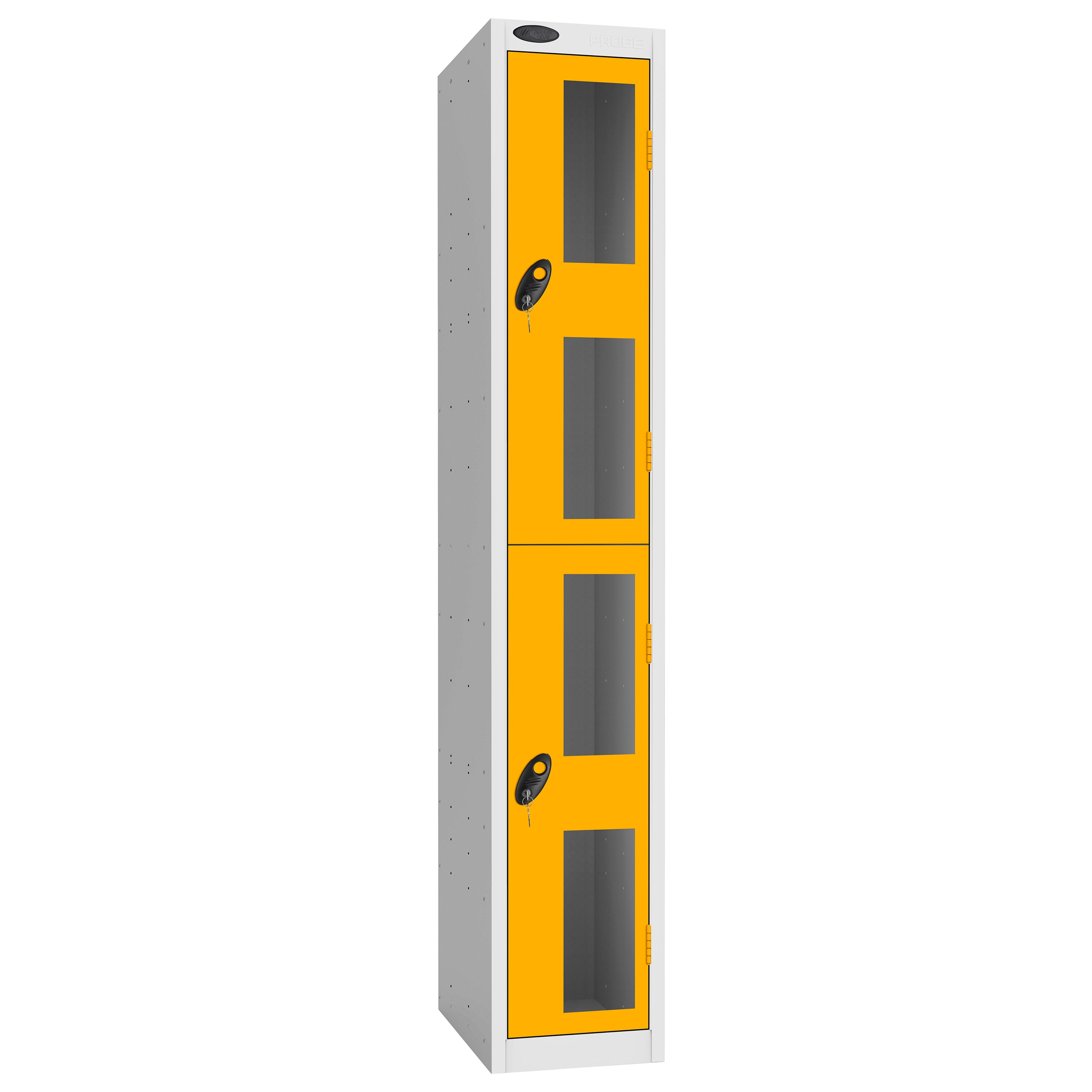 Probe Vision Panel Metric Locker — 2 Door, Flat Top, 300mm — White Carcass / Yellow Doors
