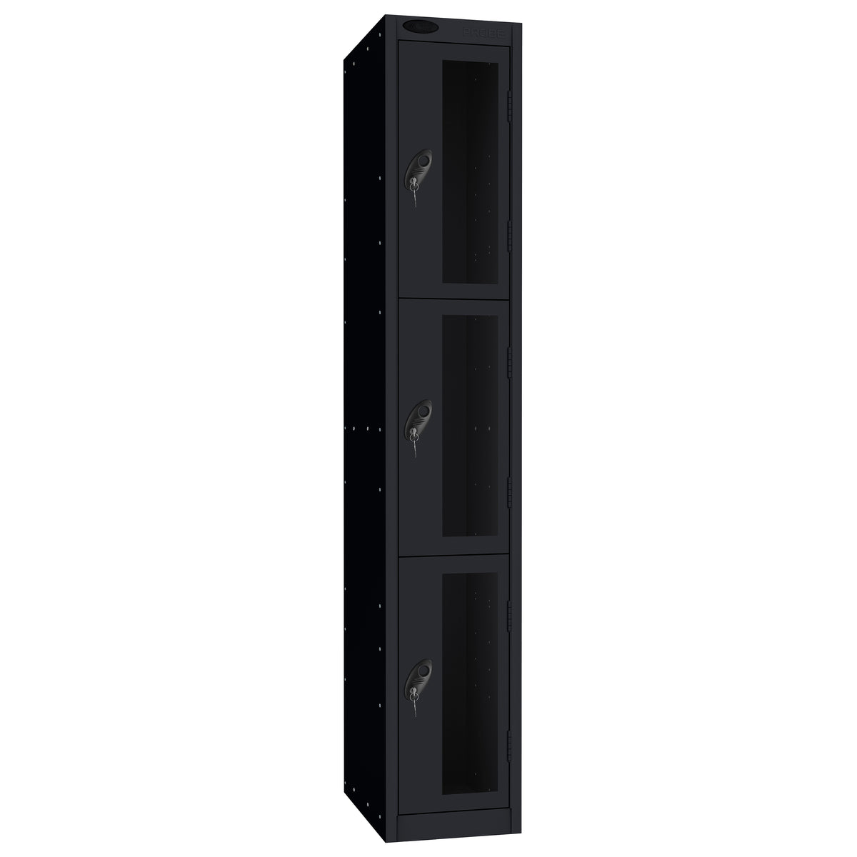 Probe Vision Panel Metric Locker — 3 Door, Flat Top, 300mm — Black Carcass / Black Doors