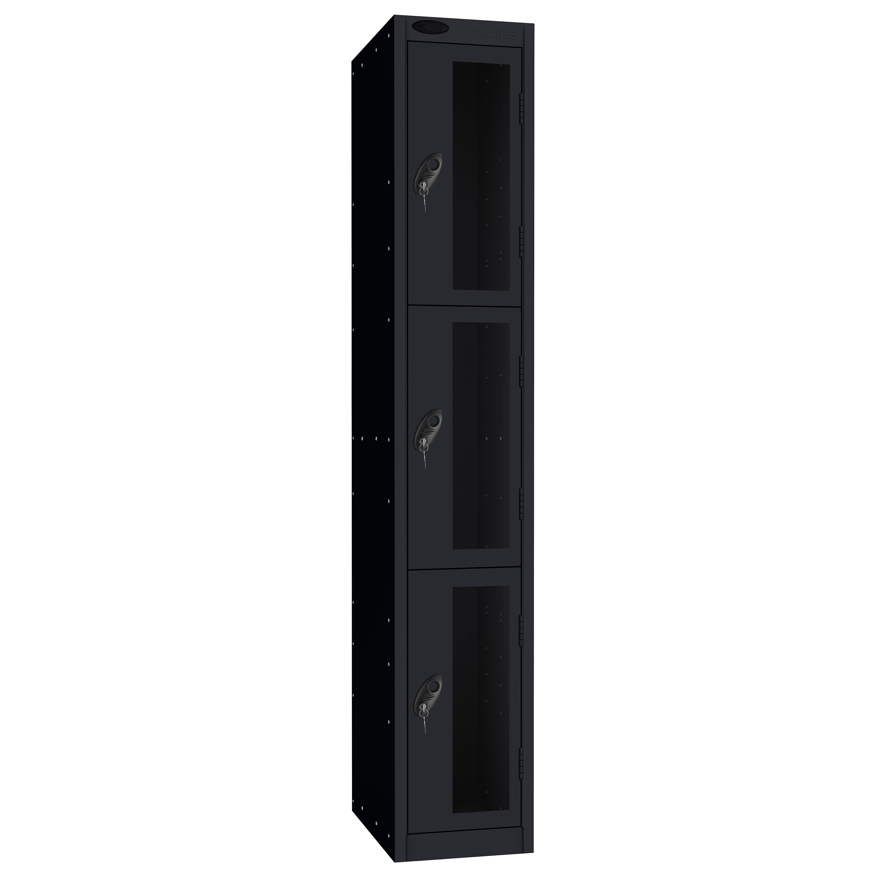 Probe Vision Panel Metric Locker — 3 Door, Flat Top, 300mm — Black Carcass / Black Doors