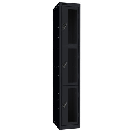 Probe Vision Panel Metric Locker — 3 Door, Flat Top, 300mm — Black Carcass / Black Doors