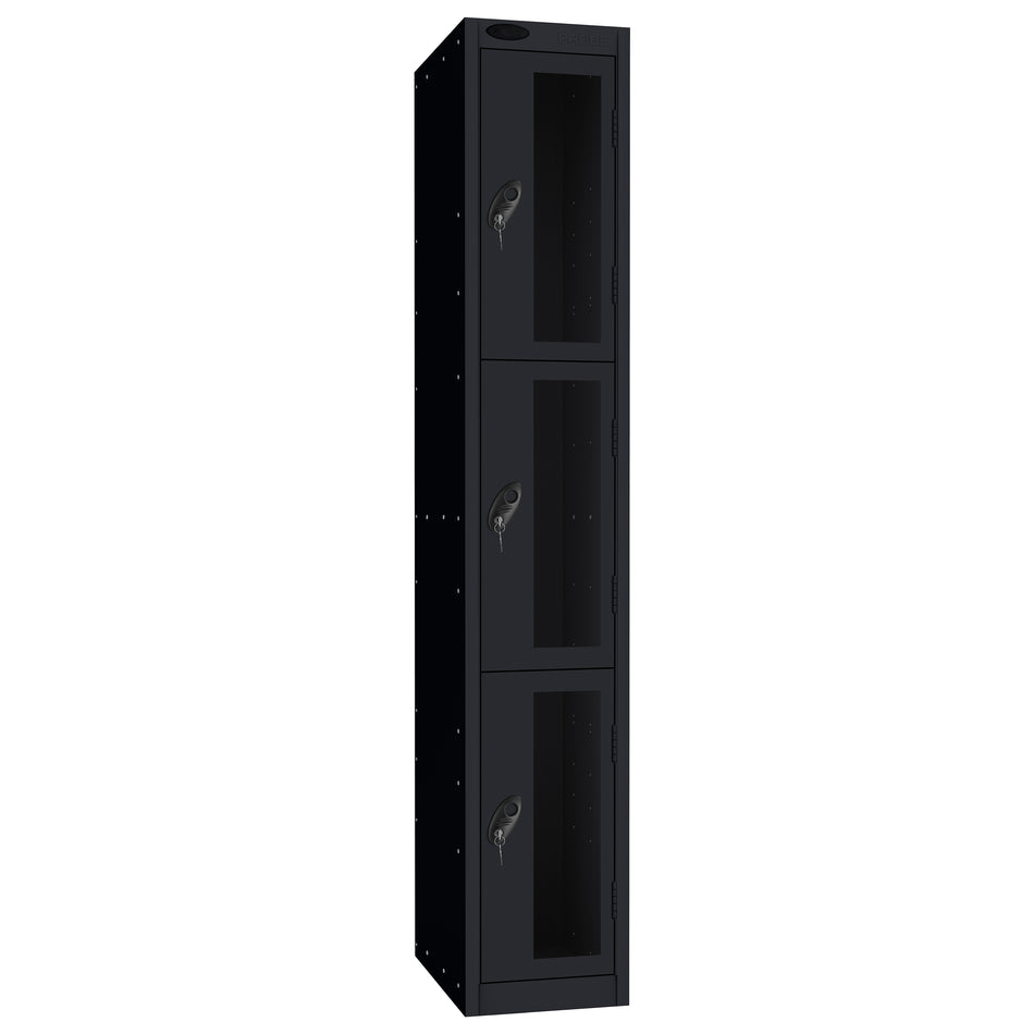 Probe Vision Panel Metric Locker — 3 Door, Flat Top, 300mm — Black Carcass / Black Doors