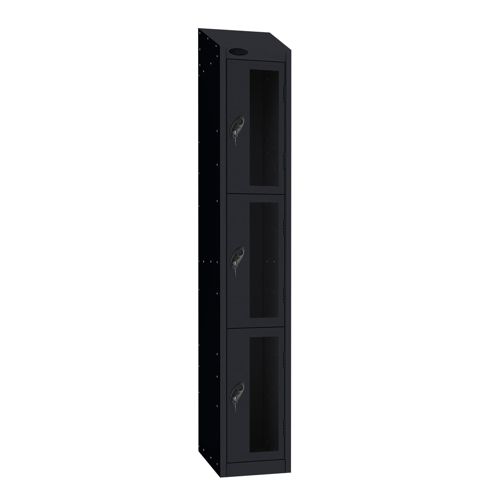 Probe Vision Panel Metric Locker — 3 Door, Sloping Top, 300mm — Black Carcass / Black Doors