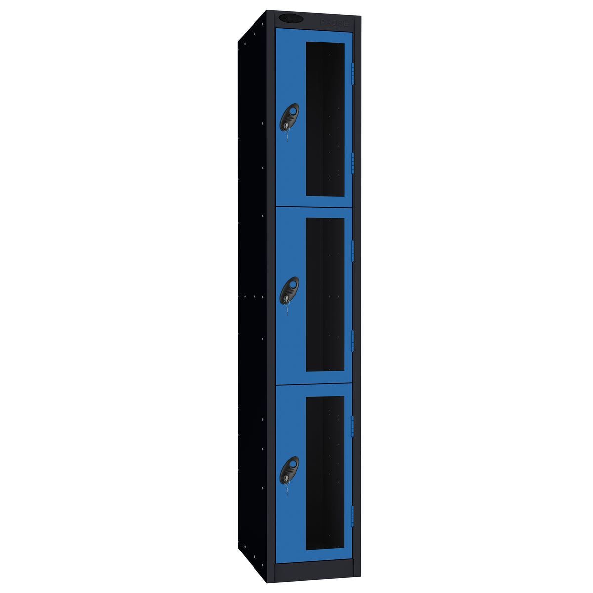 Probe Vision Panel Metric Locker — 3 Door, Flat Top, 300mm — Black Carcass / Blue Doors
