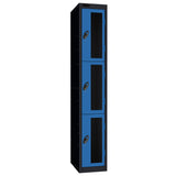 Probe Vision Panel Metric Locker — 3 Door, Flat Top, 300mm — Black Carcass / Blue Doors