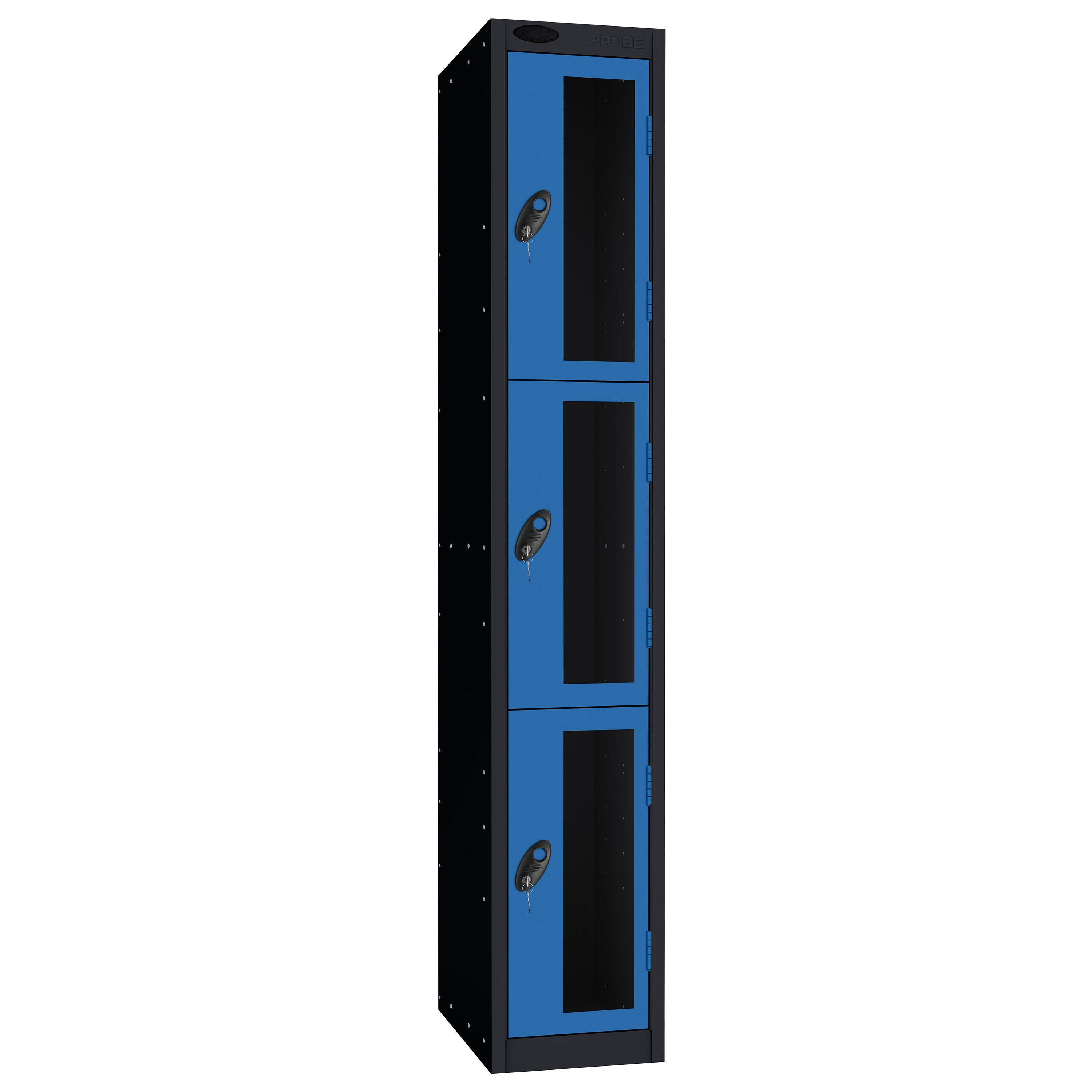 Probe Vision Panel Metric Locker — 3 Door, Flat Top, 300mm — Black Carcass / Blue Doors