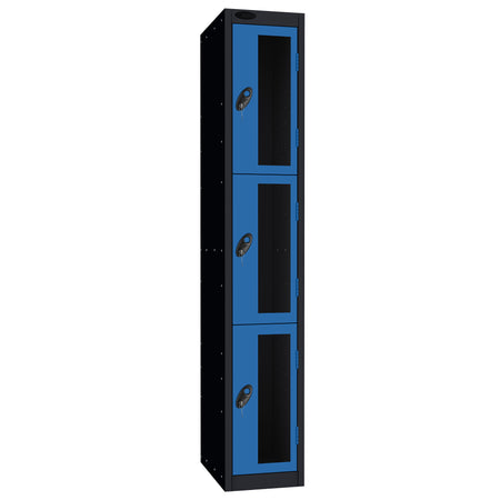 Probe Vision Panel Metric Locker — 3 Door, Flat Top, 300mm — Black Carcass / Blue Doors