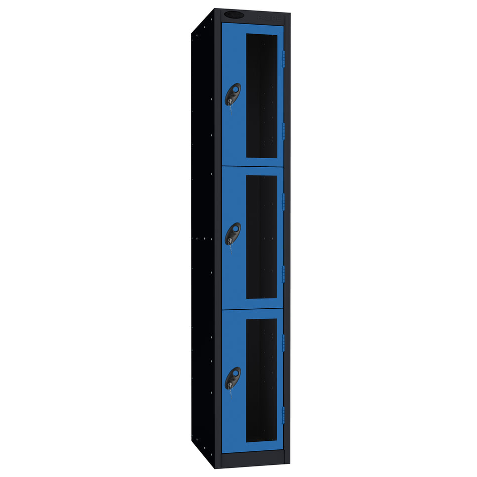 Probe Vision Panel Metric Locker — 3 Door, Flat Top, 300mm — Black Carcass / Blue Doors