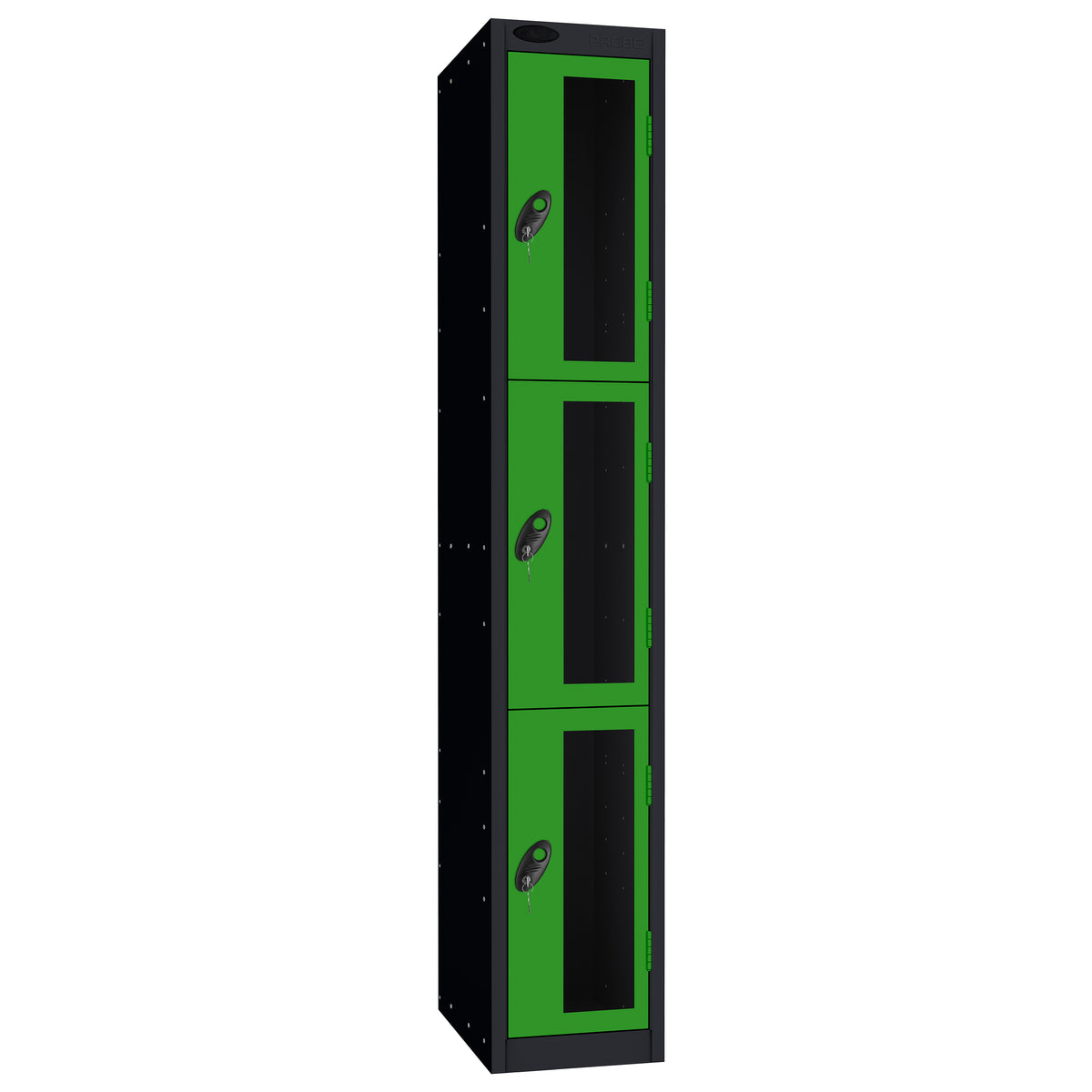 Probe Vision Panel Metric Locker — 3 Door, Flat Top, 300mm — Black Carcass / Green Doors