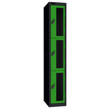 Probe Vision Panel Metric Locker — 3 Door, Flat Top, 300mm — Black Carcass / Green Doors