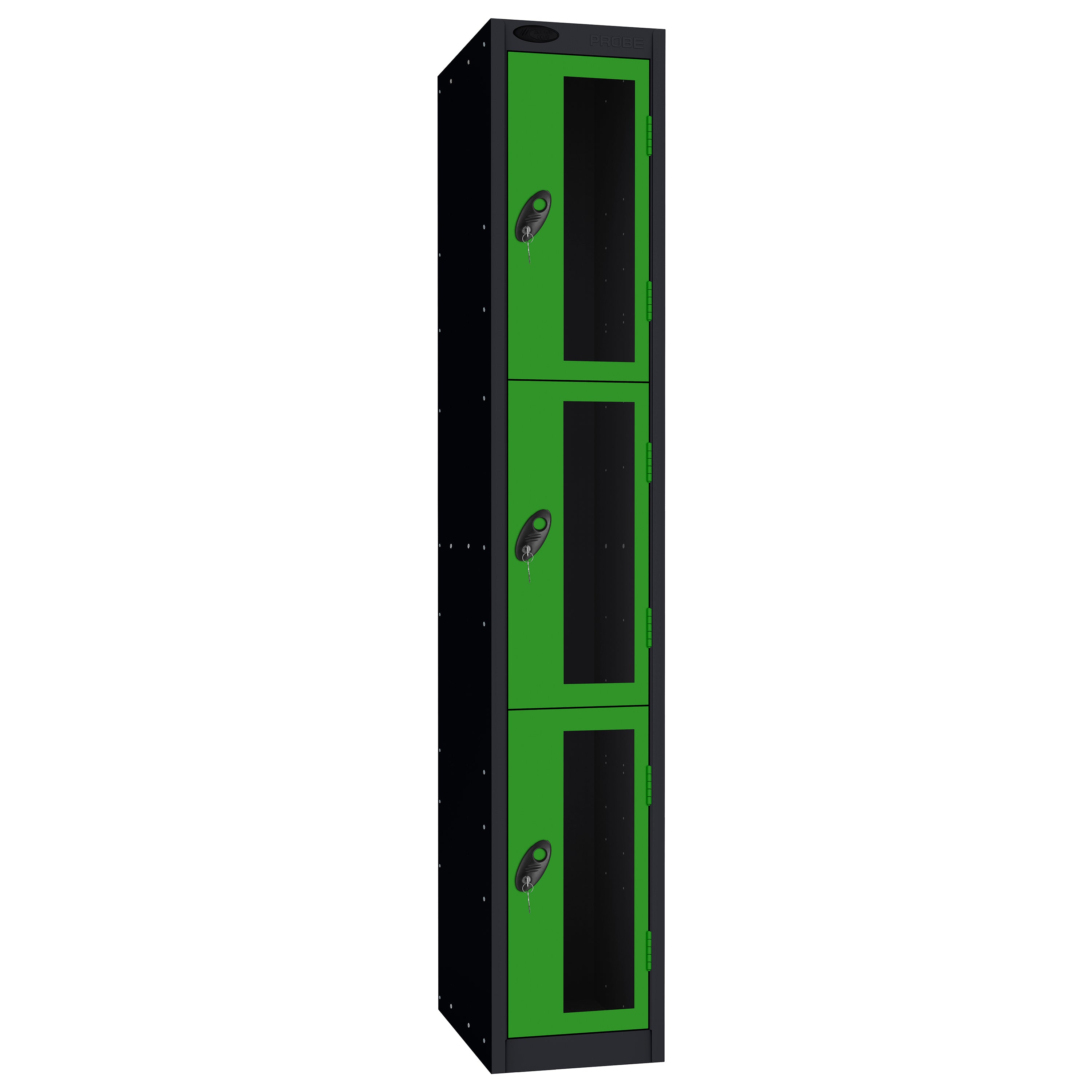 Probe Vision Panel Metric Locker — 3 Door, Flat Top, 300mm — Black Carcass / Green Doors