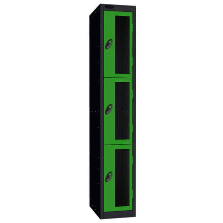 Probe Vision Panel Metric Locker — 3 Door, Flat Top, 300mm — Black Carcass / Green Doors