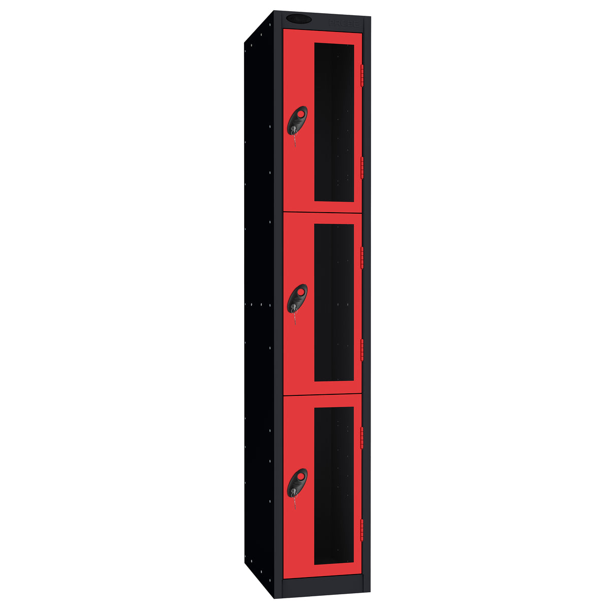 Probe Vision Panel Metric Locker — 3 Door, Flat Top, 300mm — Black Carcass / Red Doors