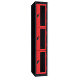 Probe Vision Panel Metric Locker — 3 Door, Flat Top, 300mm — Black Carcass / Red Doors