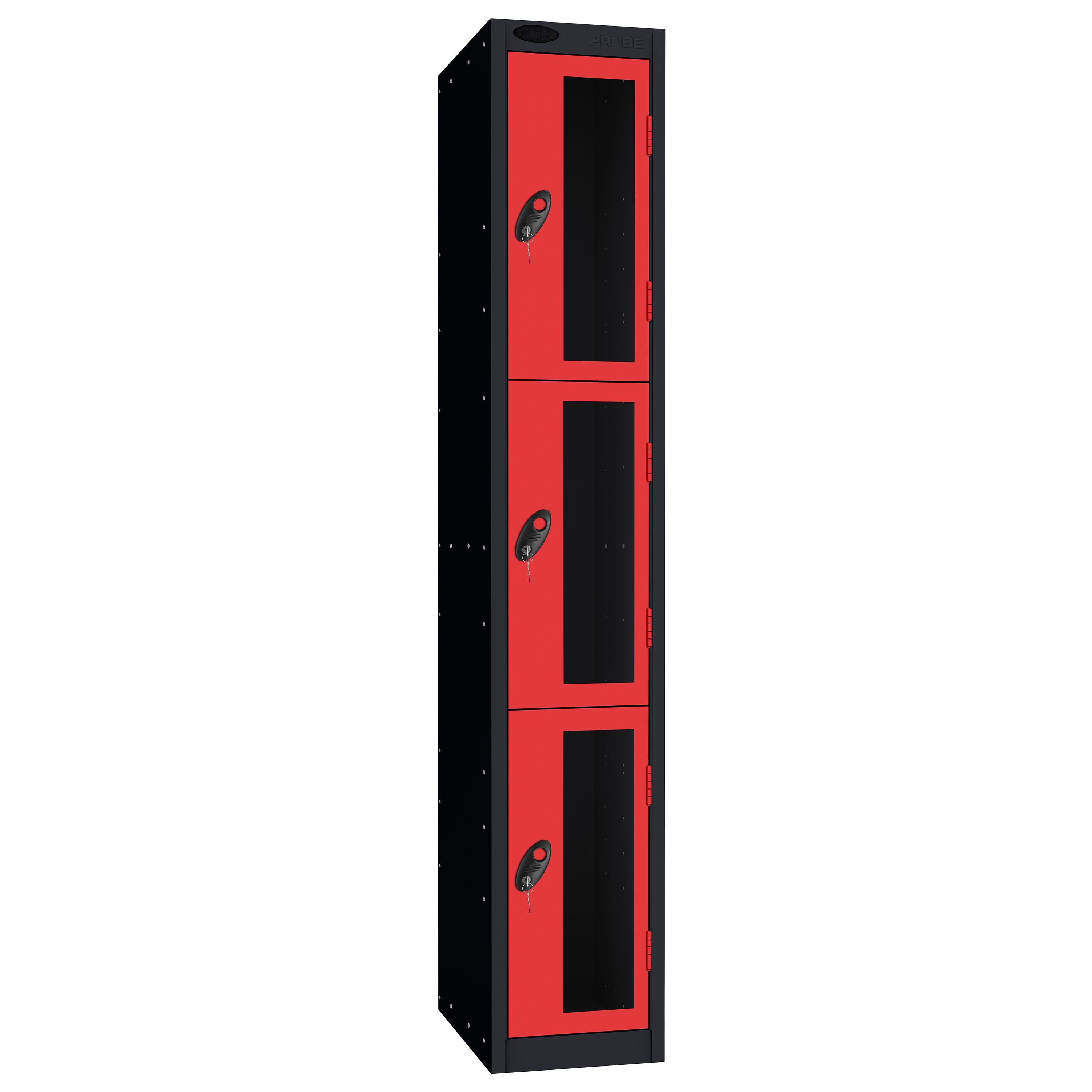 Probe Vision Panel Metric Locker — 3 Door, Flat Top, 300mm — Black Carcass / Red Doors