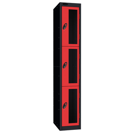 Probe Vision Panel Metric Locker — 3 Door, Flat Top, 300mm — Black Carcass / Red Doors