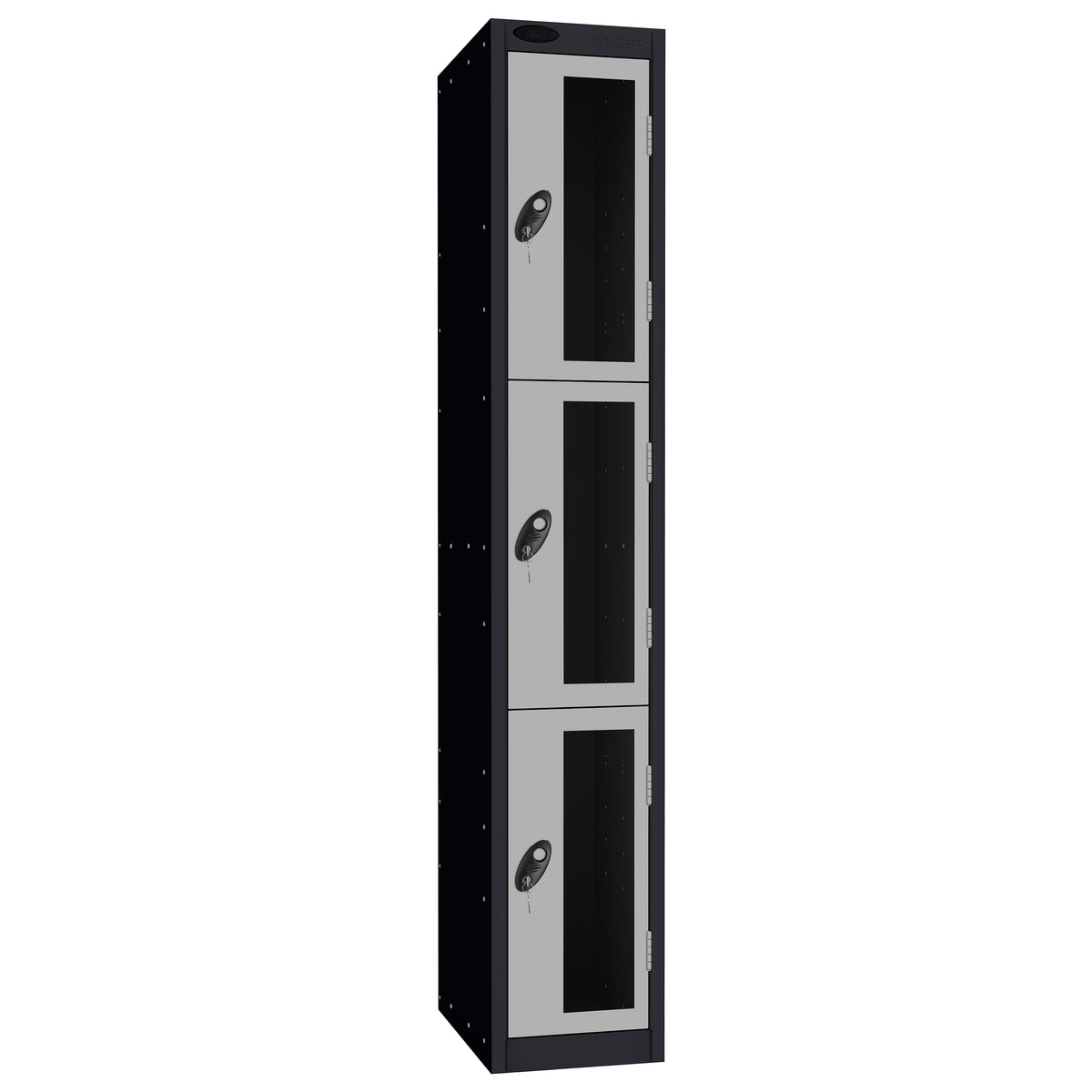 Probe Vision Panel Metric Locker — 3 Door, Flat Top, 300mm — Black Carcass / Silver Doors