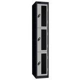 Probe Vision Panel Metric Locker — 3 Door, Flat Top, 300mm — Black Carcass / Silver Doors