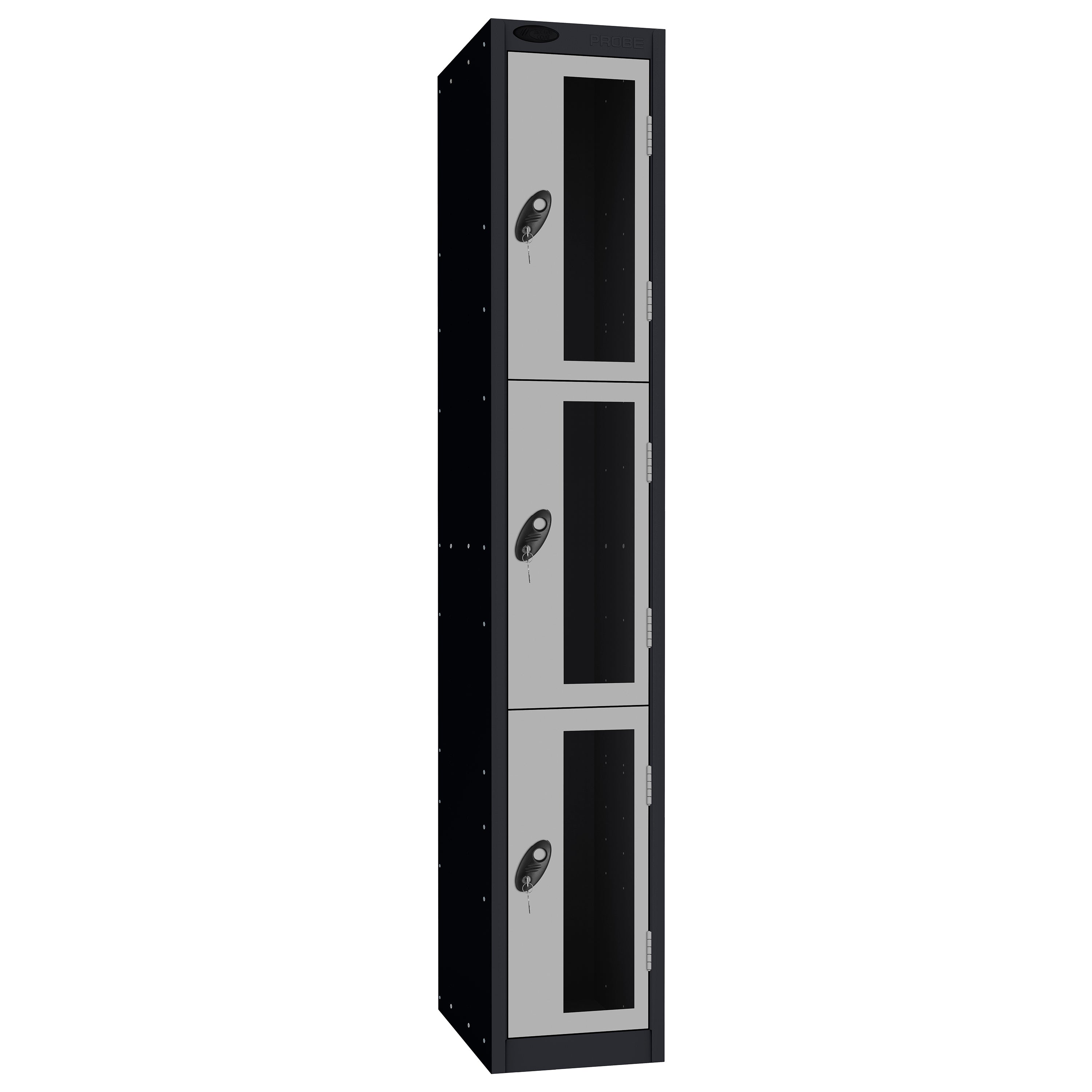 Probe Vision Panel Metric Locker — 3 Door, Flat Top, 300mm — Black Carcass / Silver Doors