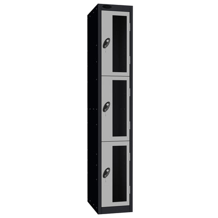 Probe Vision Panel Metric Locker — 3 Door, Flat Top, 300mm — Black Carcass / Silver Doors